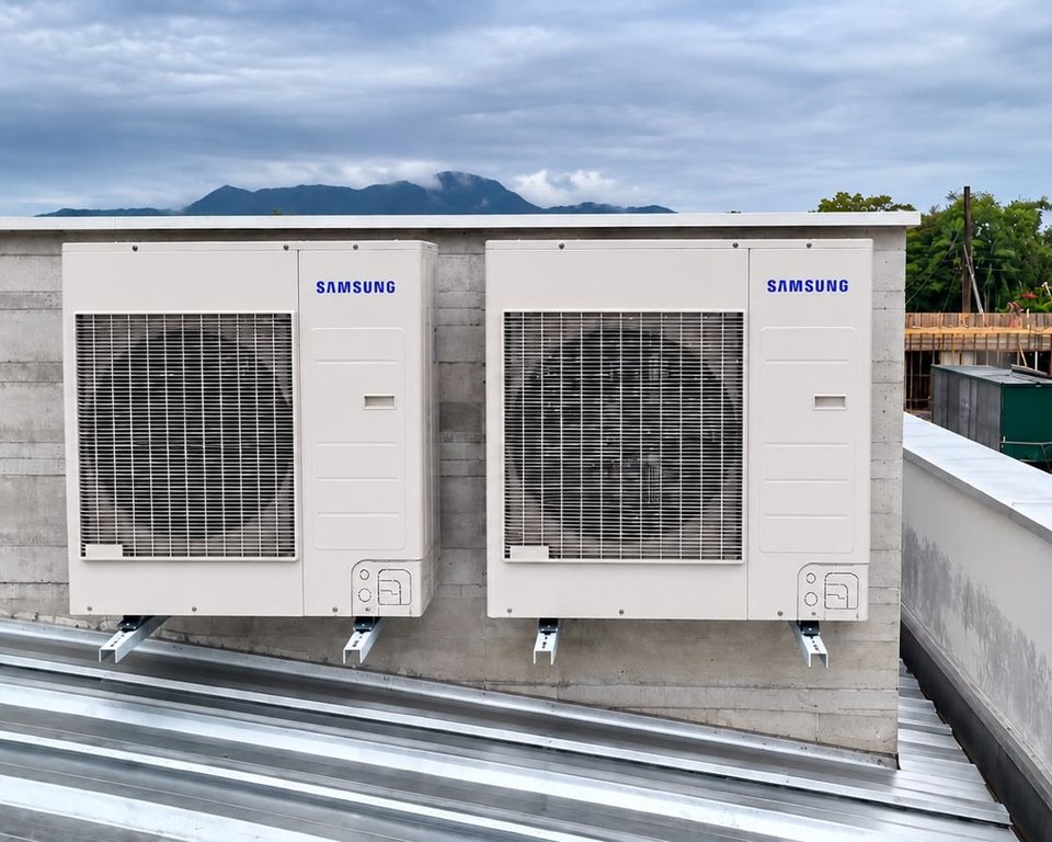 Unidades externas de ar-condicionado Multi Split instaladas na cobertura de uma obra em Joinville