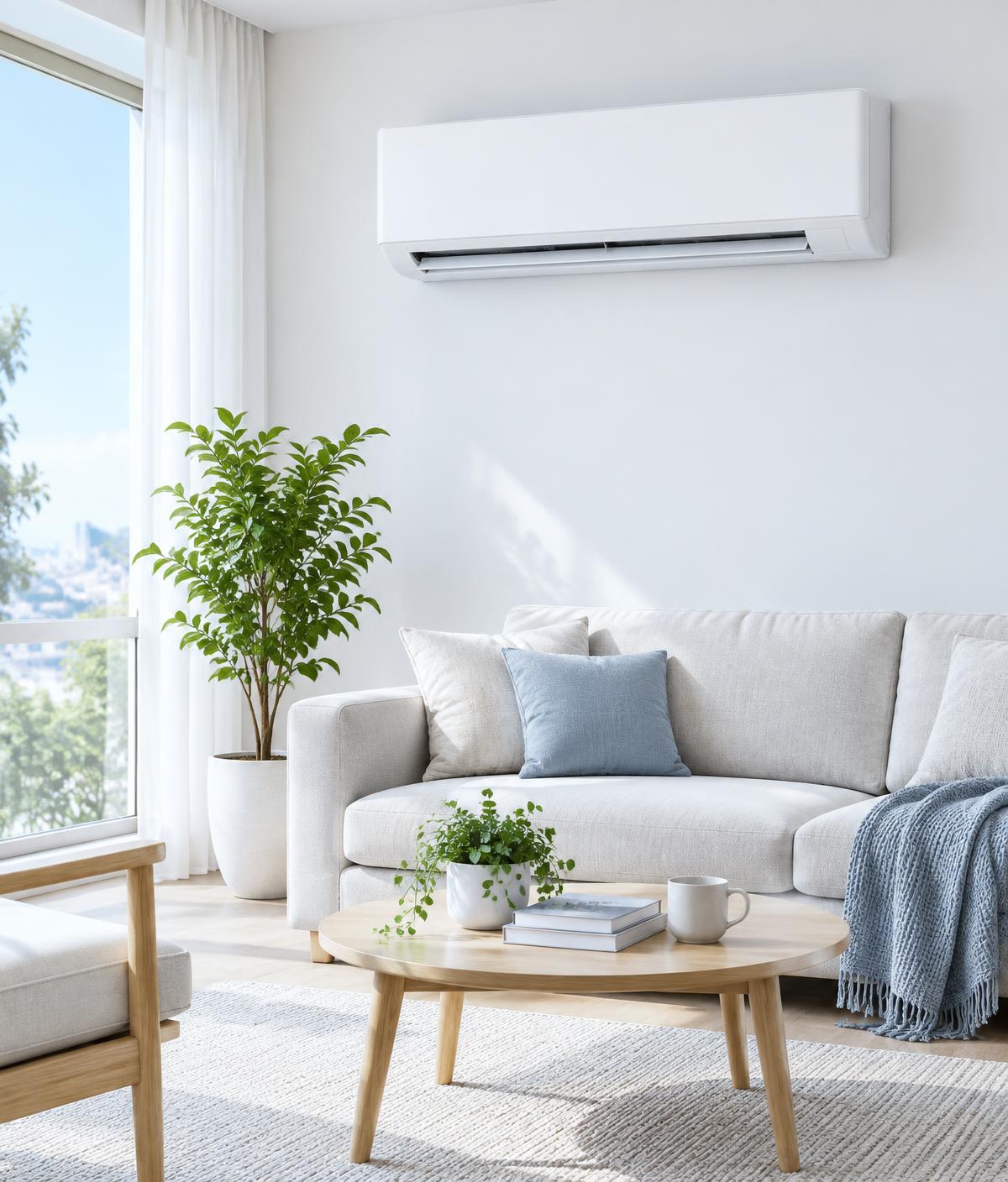 Sala clara e arejada com ar-condicionado split na parede