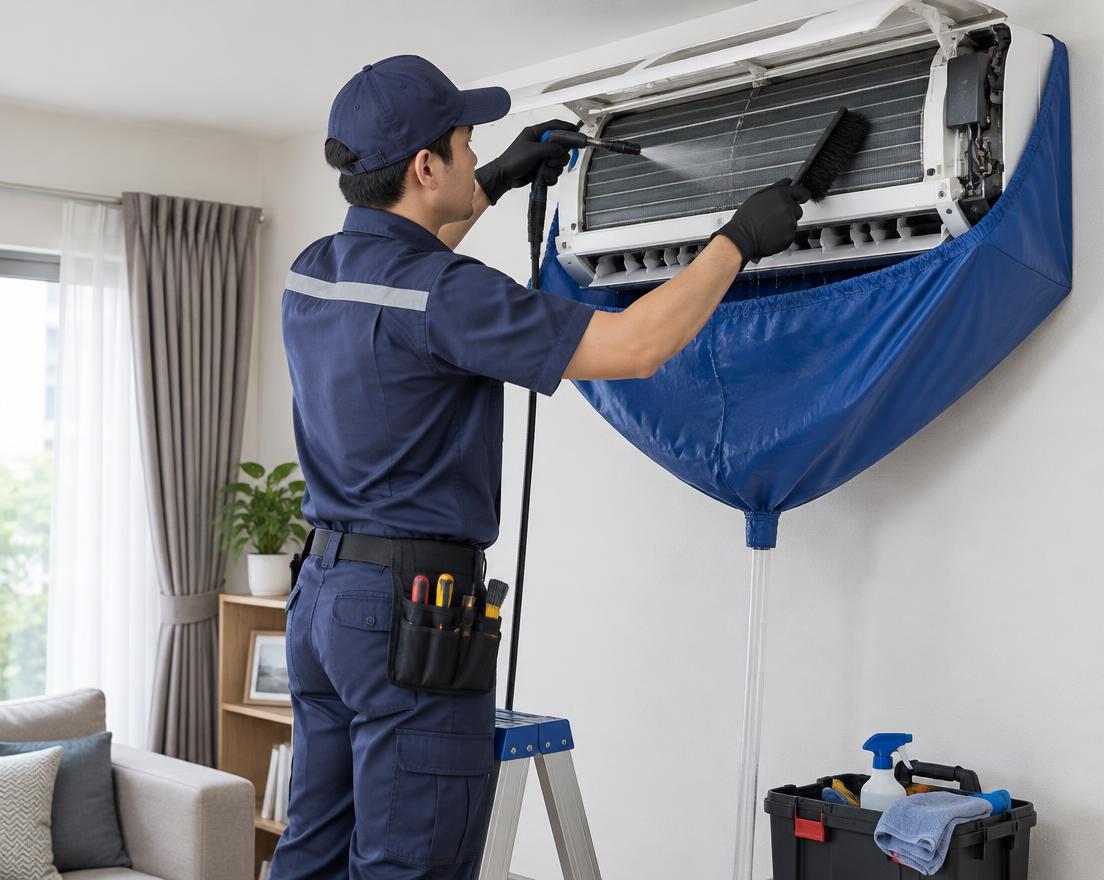 Técnico realizando limpeza e higienização de ar-condicionado split